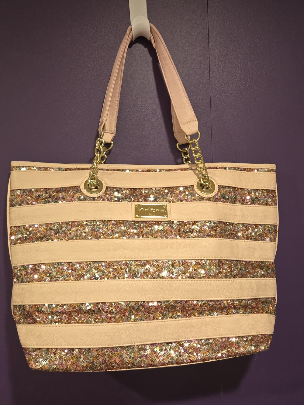 Betsey Johnson Blush Pink Sequin Stripe Tote with Gold Hardware
